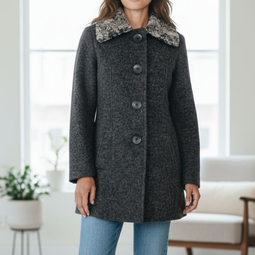Marisol women's gray wool made in Italy wool faux fur coat size s